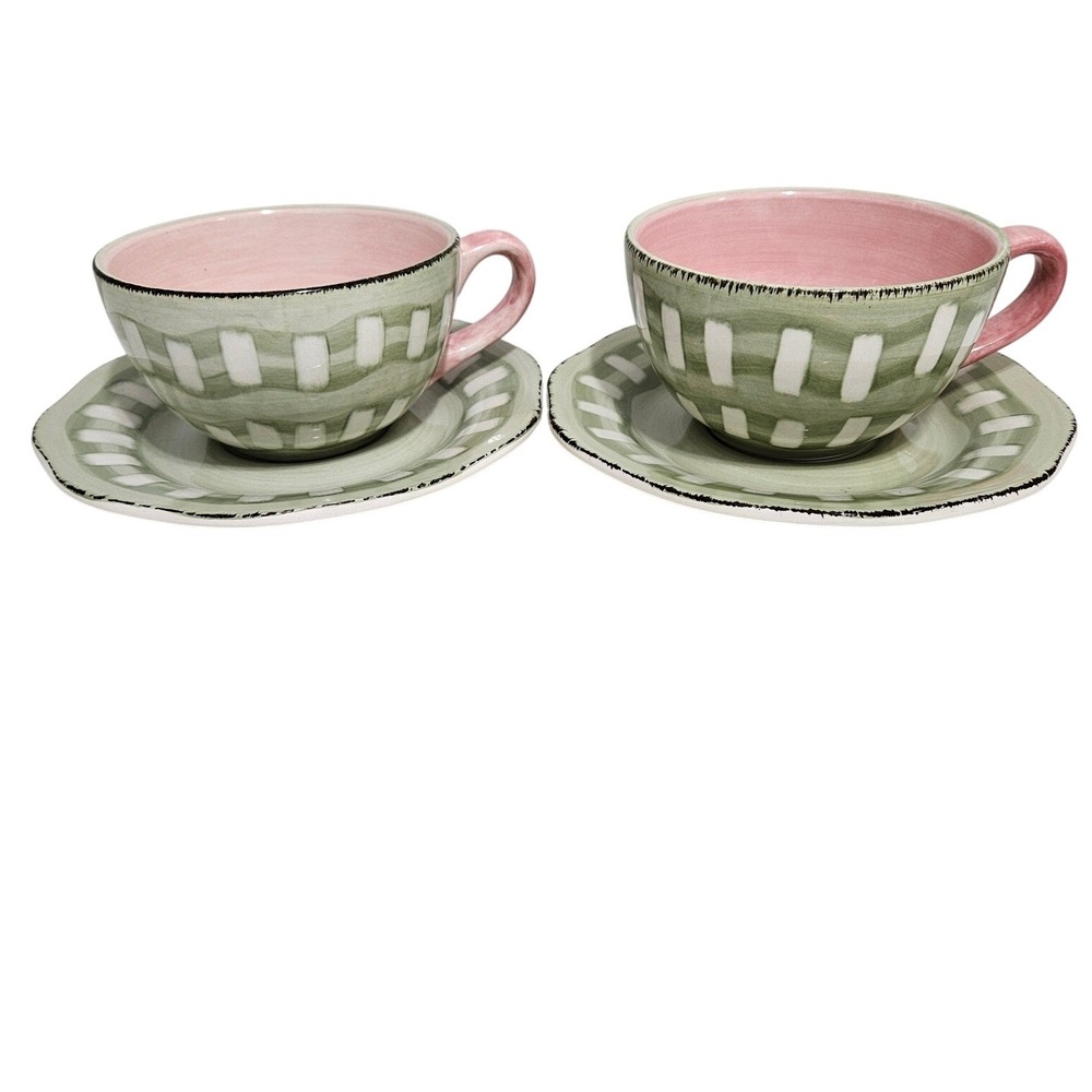 Franciscan Flora Green 2 Jumbo Cups and Saucer Sets Earthenware HTF Vintage